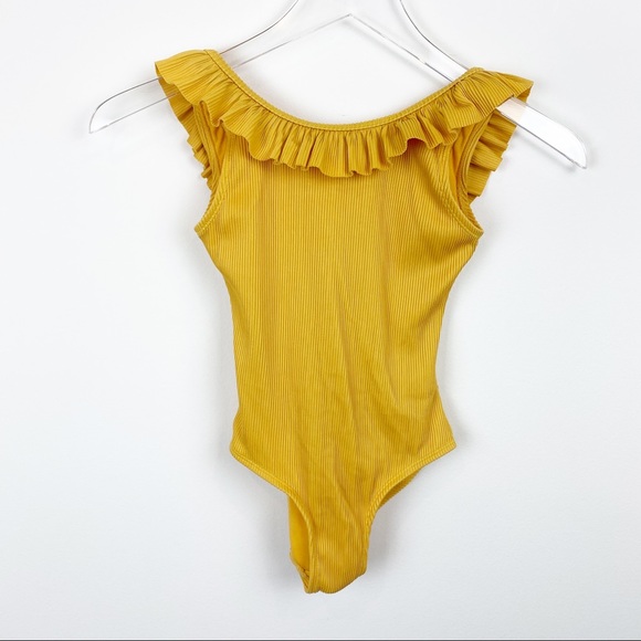 Seed Heritage | Mustard Yellow Ribbed One Piece Ruffle Swimsuit - Picture 1 of 7
